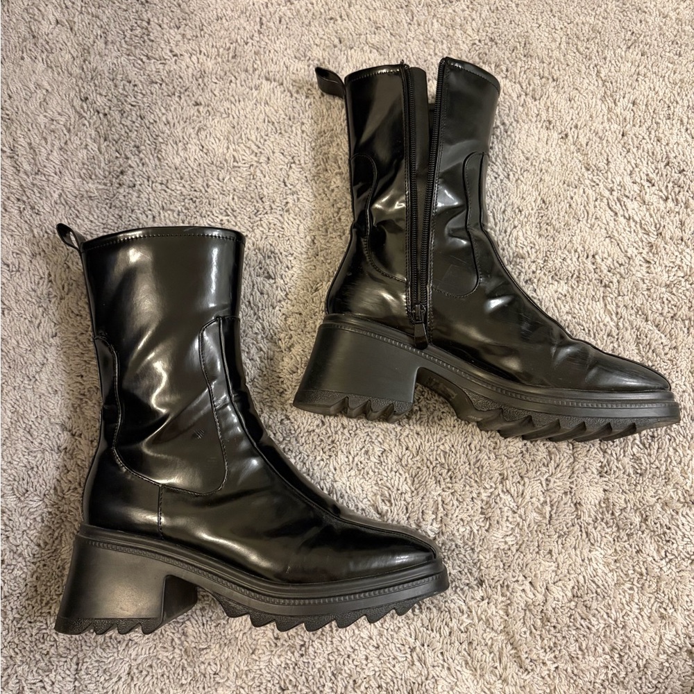 Black Chunky Platform Mid-Calf Boot